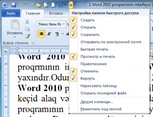 Word 2010 proqramının interfeysi