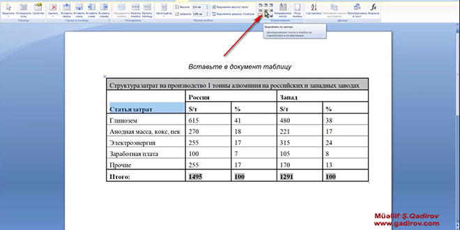 Word 2007 proqramında cədvəl daxili mətnin düzləndirilməsi