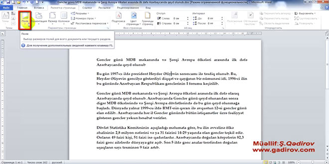 Word 2010 proqramında səhifənin parametrləri