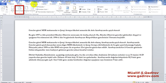 Word 2010 proqramında səhifənin parametrləri