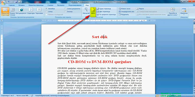 Word 2007 sənədin miqyasını dəyişmək