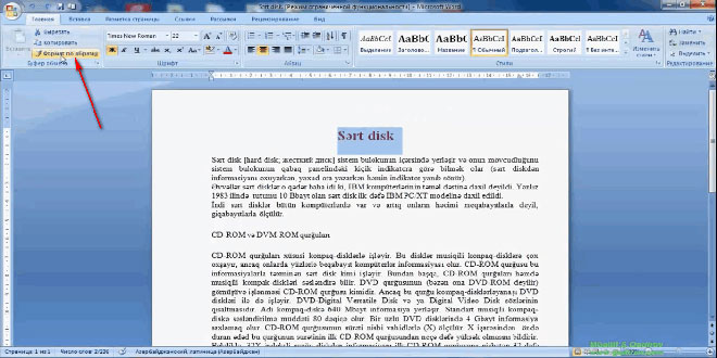 Word 2007 proqramında nümunəyə görə format