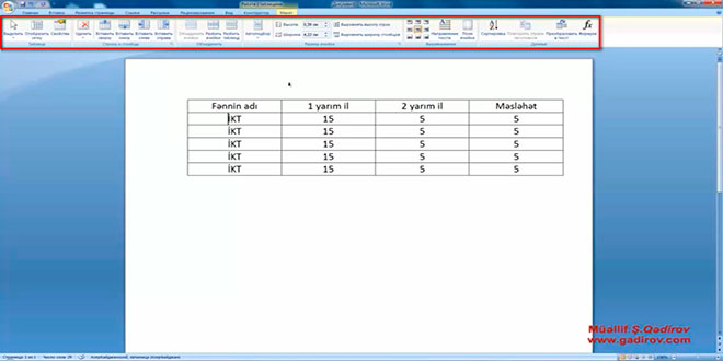 Word 2007 proqramında cədvəl elementinin seçilməsi