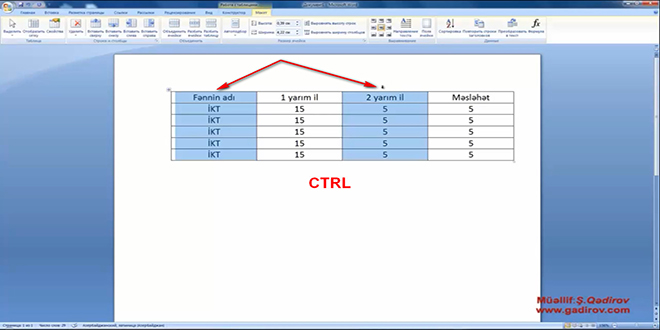 Word 2007 proqramında cədvəl elementinin seçilməsi