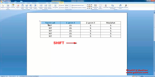 Word 2007 proqramında cədvəl elementinin seçilməsi