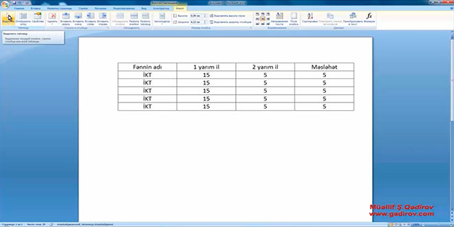 Word 2007 proqramında cədvəl elementinin seçilməsi