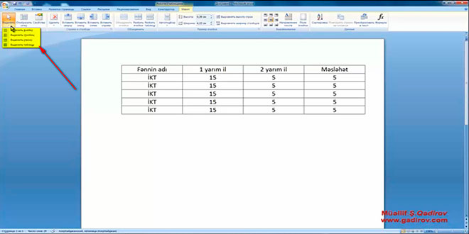 Word 2007 proqramında cədvəl elementinin seçilməsi