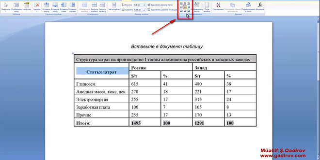 Word 2007 cədvəl daxili mətnin düzləndirilməsi