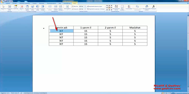 Word 2007 proqramında cədvəl elementinin seçilməsi