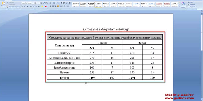 Word 2007 cədvəl daxili mətnin düzləndirilməsi