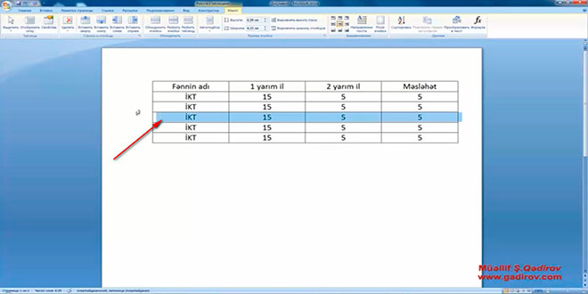 Word 2007 proqramında cədvəl elementinin seçilməsi