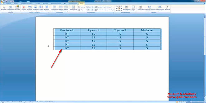 Word 2007 proqramında cədvəl elementinin seçilməsi