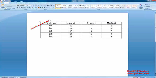 Word 2007 proqramında cədvəl elementinin seçilməsi