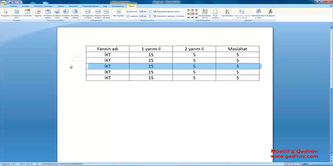 Word 2007 proqramında cədvəl elementinin seçilməsi