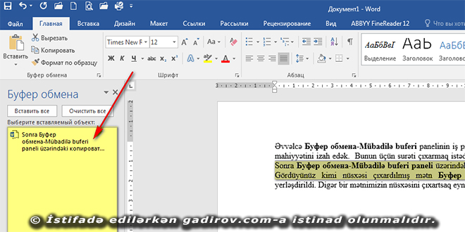 Word 2016 mübadilə buferi alətlər qrupu