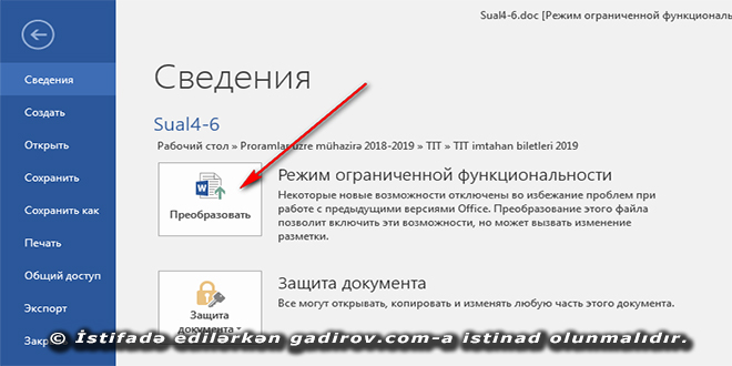 Word 2016 məhdud funksiyalı rejimin dəyişdirilməsi