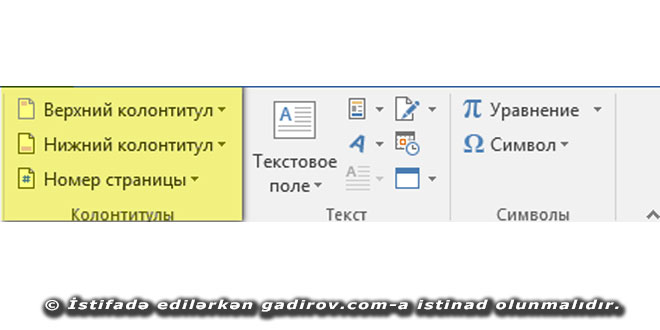 Колонтитулы,Текст və Символы alətlər qrupu