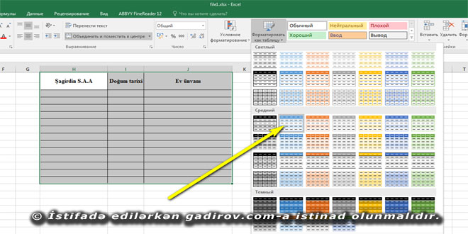 Excel 2016 usta formatının tətbiqi