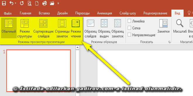 PowerPoint 2016 slayda baxış rejimləri