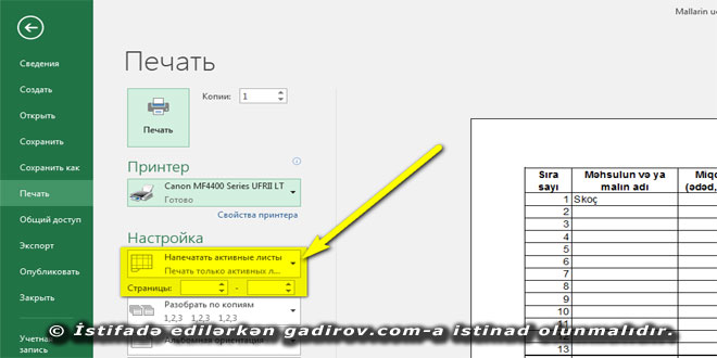 Excel 2016 proqramında kitabın çapa hazırlanması