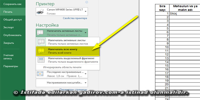 Excel 2016 proqramında kitabın çapa hazırlanması