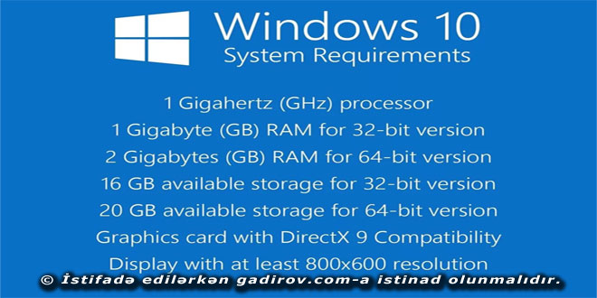 Windows 10 ƏS-nin tətbiqinə qoyulan tələblər